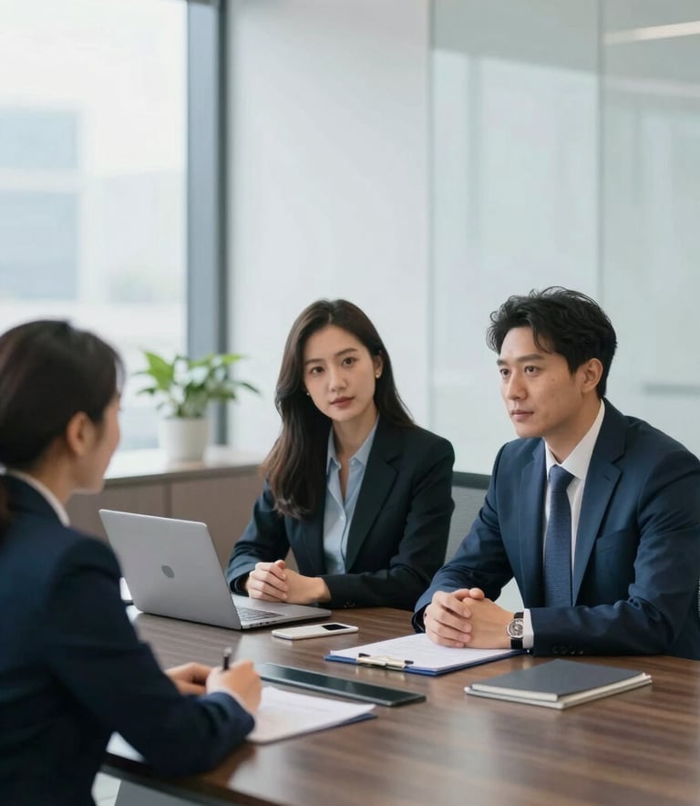 A high-end, professional office setting where three experts—a CA, CS, and legal professional—are collaborating around a sleek conference table. They are dressed in sophisticated business attire. The lighting is bright and natural, reflecting a mood of clarity and trust. The color palette includes hints of #1C2B3C and #3F6C8A in the furniture and decor.