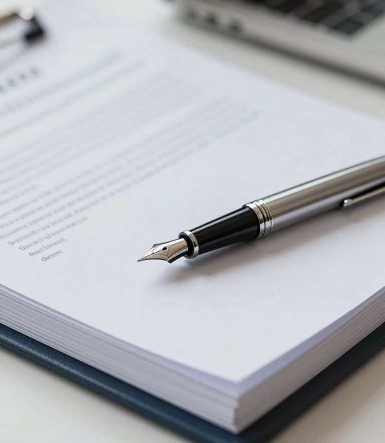 A detailed close-up of a professional desk featuring a silver fountain pen and a neat stack of financial ledgers and legal documents. The image conveys sophisticated efficiency and attention to detail. Soft shadows and a clean #F5F8FA background create an atmosphere of reliable support and corporate assurance.