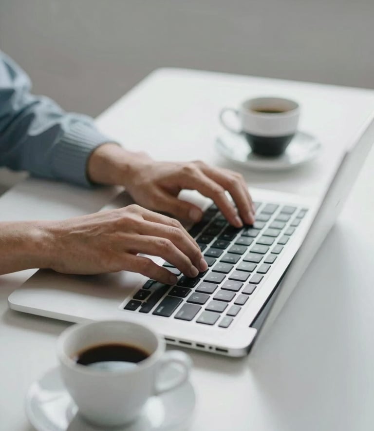 A close-up shot of a professional typing on a high-end laptop next to a cup of espresso on a minimalist white desk. The lighting is crisp and clear, conveying efficiency. Palette highlights #1C2B3C and #F5F8FA.