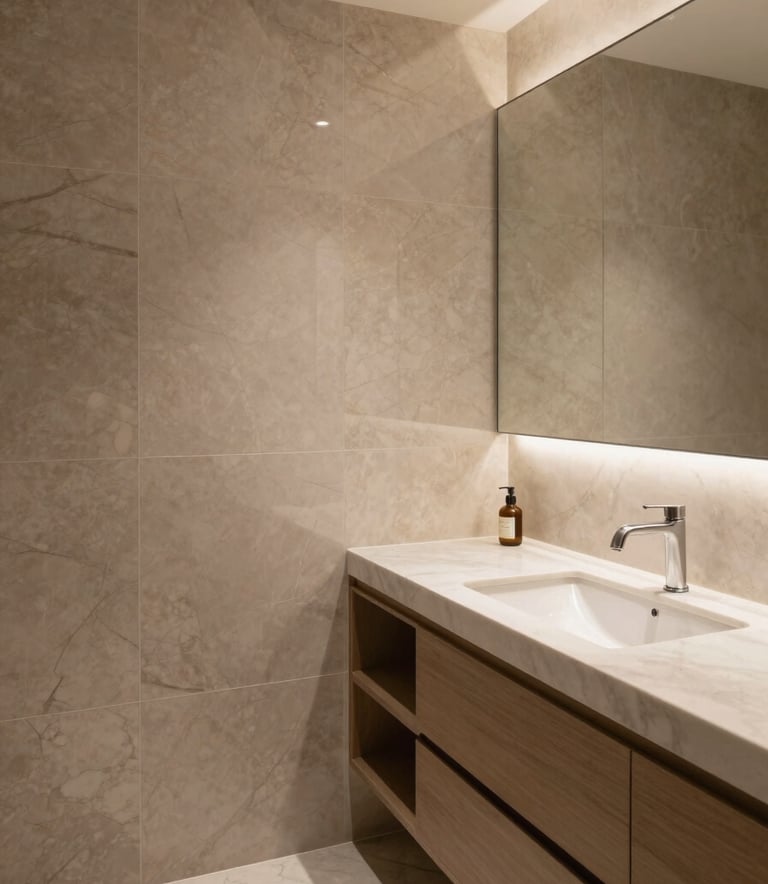A luxury master bathroom in a Southern European / Spanish (Madrid) home with beige marble walls, minimalist fixtures, and soft ambient lighting reflecting off warm taupe surfaces.
