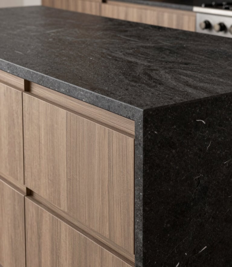 Close-up of a high-end custom kitchen island in a Southern European / Spanish (Madrid) residence, showcasing expert craftsmanship in dark charcoal stone and warm taupe wood.