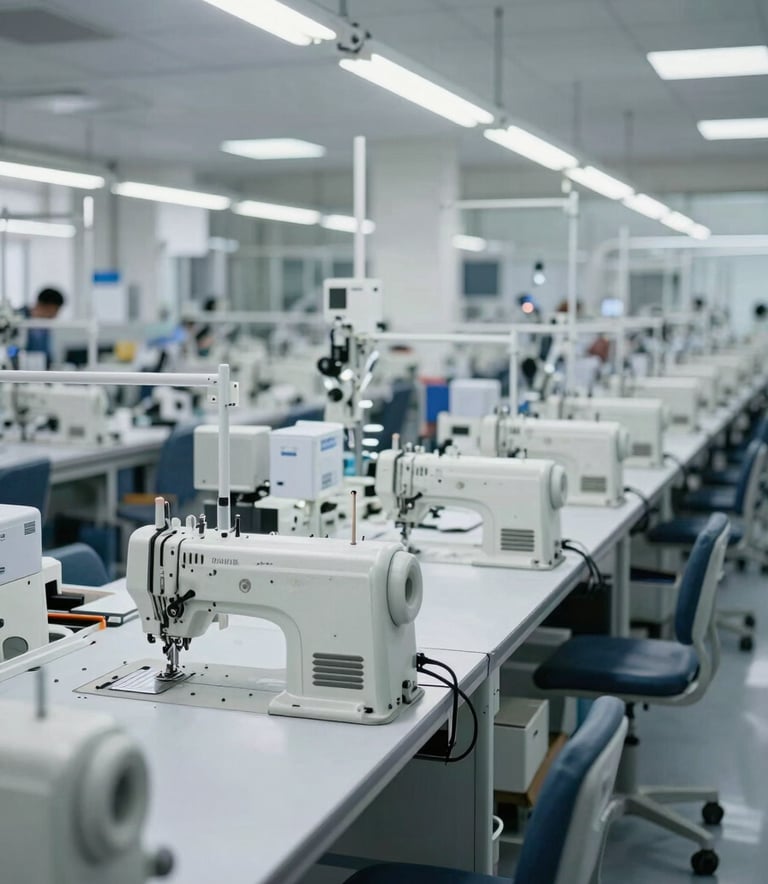 A wide-angle professional photograph of a modern garment manufacturing floor with rows of high-tech sewing machines and organized production lines. The scene is bright with cool grey tones and International / Western industrial design.