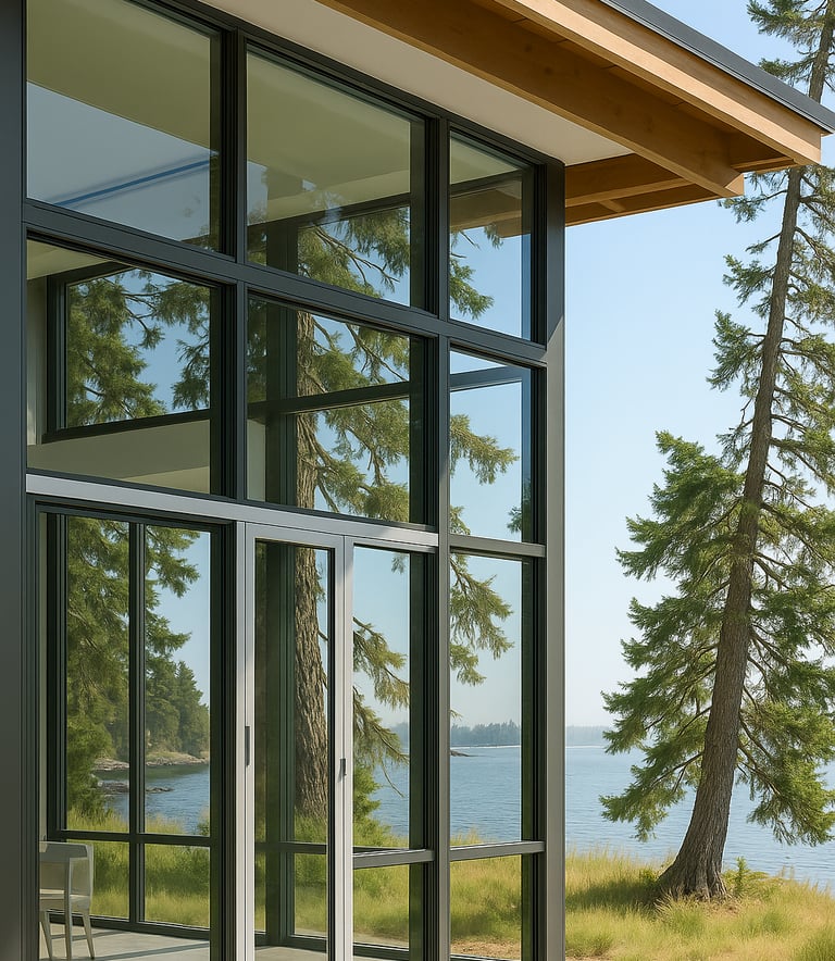 a large glass window with a view of a lake