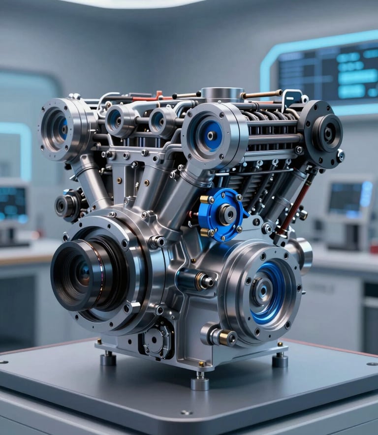 A detailed 3D rendered model of a complex mechanical engine component on a display screen, showcasing precision engineering. The lighting is crisp and modern, featuring Professional Blue highlights and Soft Slate Blue shadows, in a high-tech North American / International design lab environment.