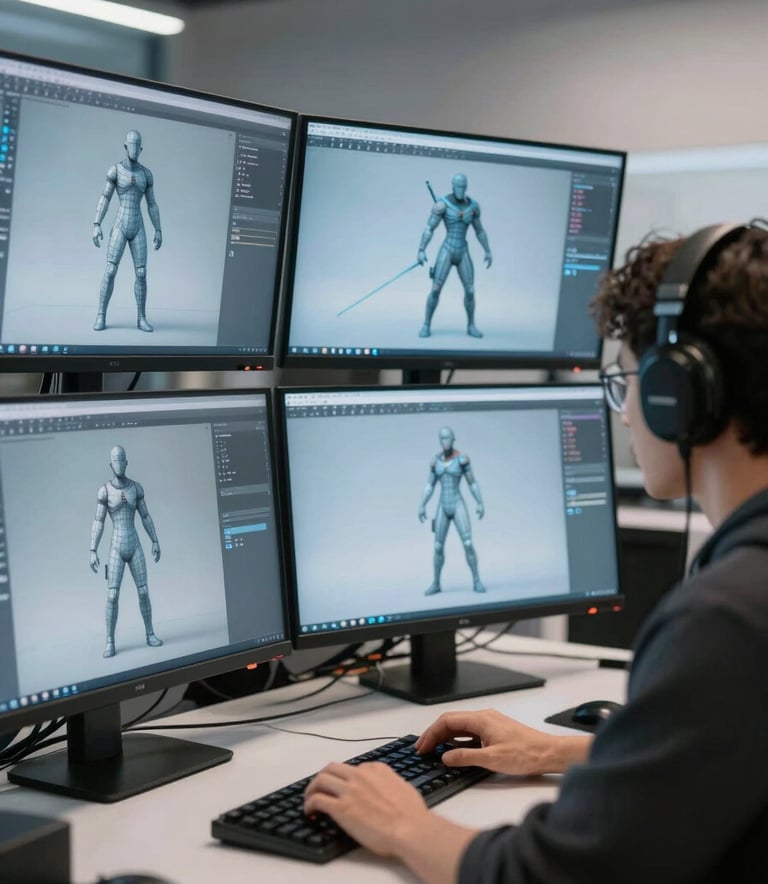 A professional 3D designer focused on a multi-monitor workstation in a modern North American / International studio. The screens show intricate wireframe characters for gaming, bathed in a soft Cool Mist and Professional Blue glow.