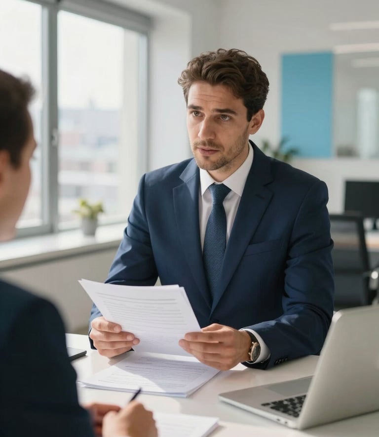Professional health insurance consultant in a modern, sun-lit office in Istanbul, wearing a professional navy blue suit, discussing documents with a client. The setting is bright and welcoming with Sky Blue and Off-White interior accents, Middle Eastern / Turkish context.