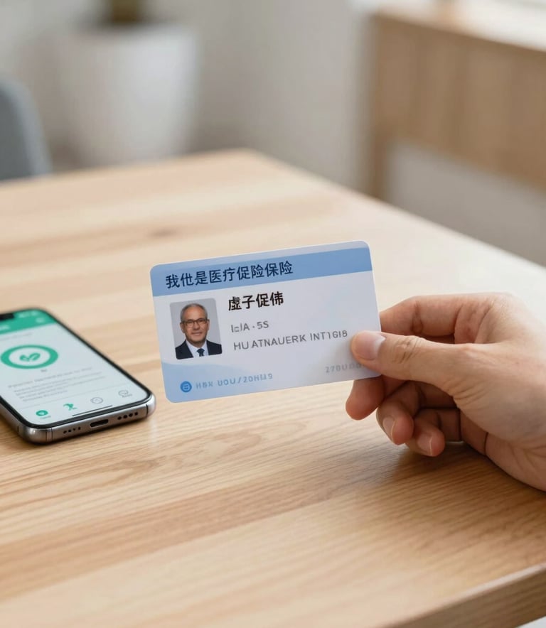 Close-up of a hand holding a high-tech medical insurance card over a clean wooden table, a smartphone with a health app visible nearby, modern Middle Eastern / Turkish interior, bright and clean photography.