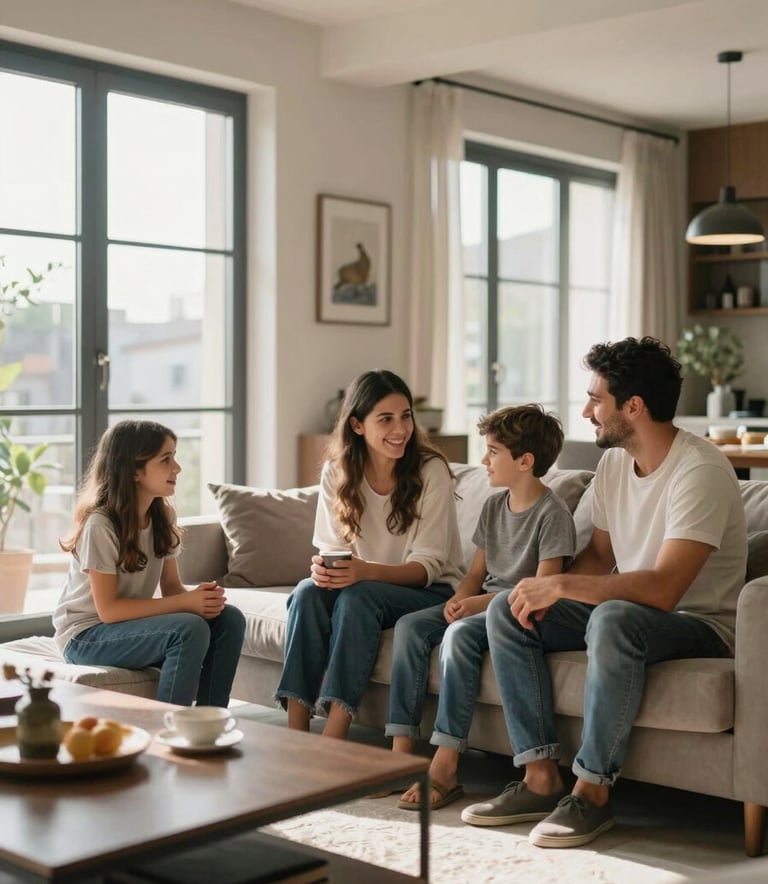A happy family of four spending a peaceful afternoon in a modern Middle Eastern / Turkish living room, soft natural sunlight streaming through large windows, bright and airy atmosphere, high-quality professional photography.