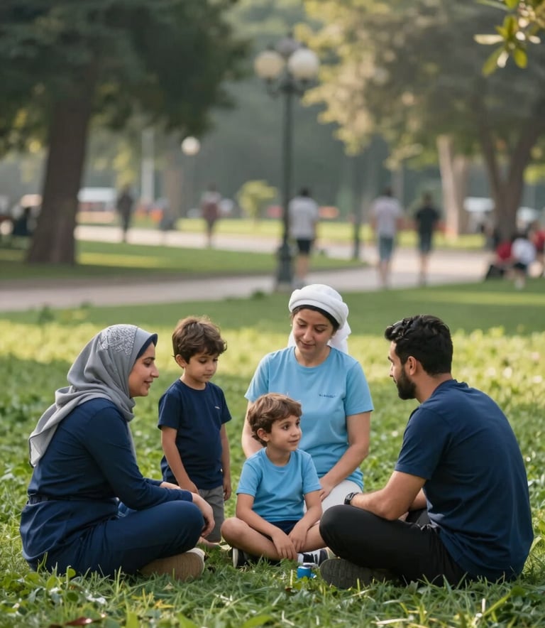 A Middle Eastern / Turkish family enjoying a healthy lifestyle in a lush green public park, soft morning light, professional photography style with a focus on trust and well-being, incorporating Navy Blue and Sky Blue tones.