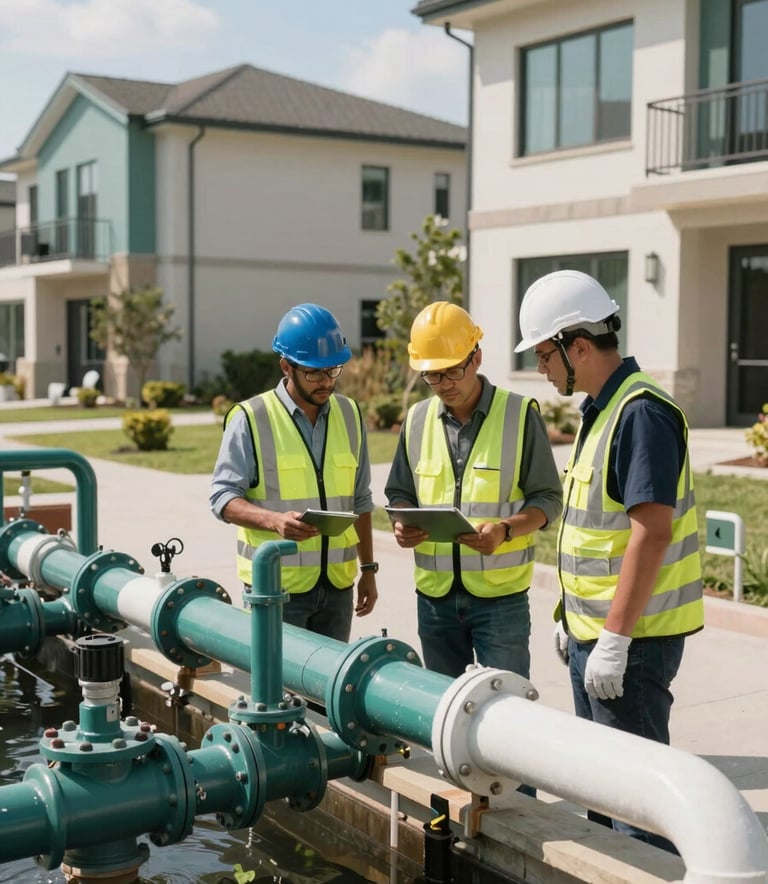 Professional engineers in safety gear inspecting a newly installed sewage treatment system at a modern residential complex, bright daylight, teal and off-white accents, North American / International setting.