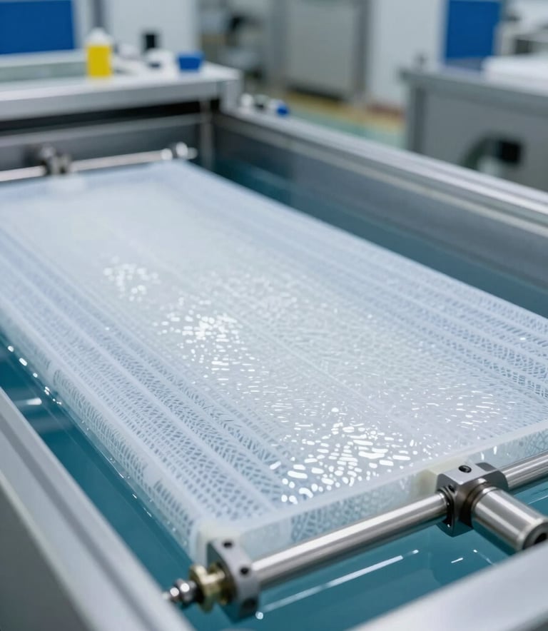 A close-up photograph of advanced industrial filtration membranes within a clean, high-tech wastewater treatment facility. The lighting is bright and professional, highlighting the precision engineering. The scene is set in a modern North American facility with a color palette of Ice White and Sky Blue.