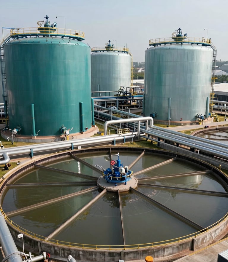A wide angle shot of a massive industrial wastewater treatment facility, showcasing large teal and light blue tanks and sophisticated piping, clean and technological aesthetic, North American / International.