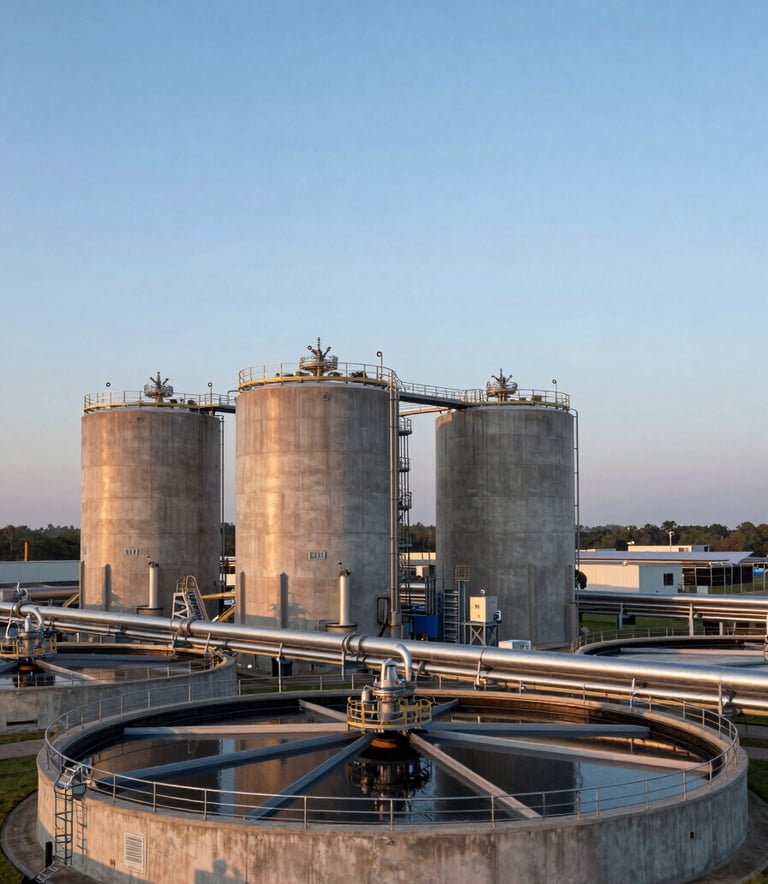 An expansive outdoor photograph of a modern, large-scale Sewage Treatment Plant (STP) at dawn. The infrastructure is sleek and professional, featuring large concrete tanks and stainless steel pipes, set within a North American industrial landscape under a clear Sky Blue horizon.