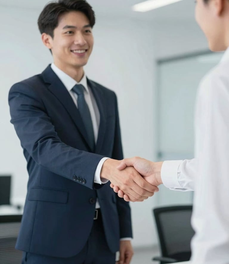 A confident professional shaking hands with a client in a modern workspace. The composition is clean and focused, symbolizing a new partnership. The palette uses deep #1A202C tones in the professional's attire and bright #F7F9FB in the environment for an authoritative yet approachable feel.