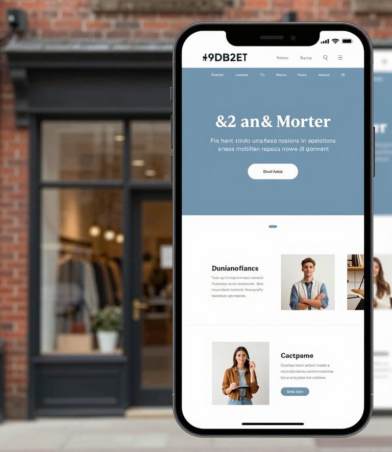A split-screen composition showing a brick-and-mortar storefront on one side and its sleek, modern mobile-responsive website on the other. Soft professional lighting with accents of #9DB2BF.