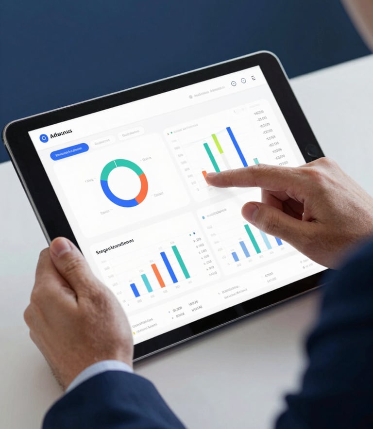 Close up of a tablet screen being used by a professional in a navy suit, showing a live dashboard of web traffic analytics. Sophisticated atmosphere with deep blue #1A202C shadows.