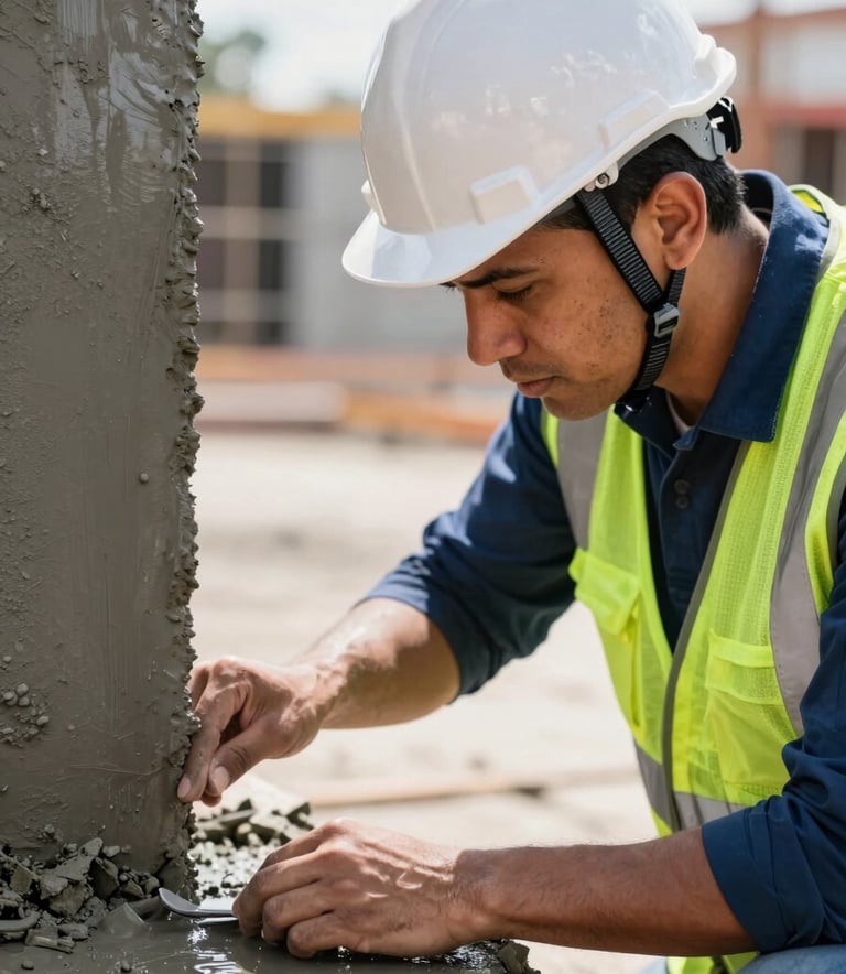 A close-up shot of a professional South American / Brazilian construction engineer in a hard hat and safety vest examining wet concrete mix. The scene is bright and professional, utilizing a color palette of Silver Grey and Dark Slate Blue.