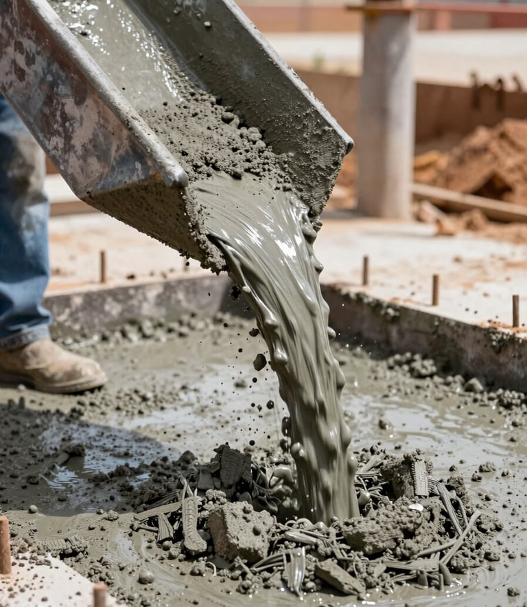 A detailed action shot of ready-mix concrete pouring from a chute onto a foundation at a South American / Brazilian construction site. The lighting is natural and bright, highlighting the texture of the grey-blue wet concrete.