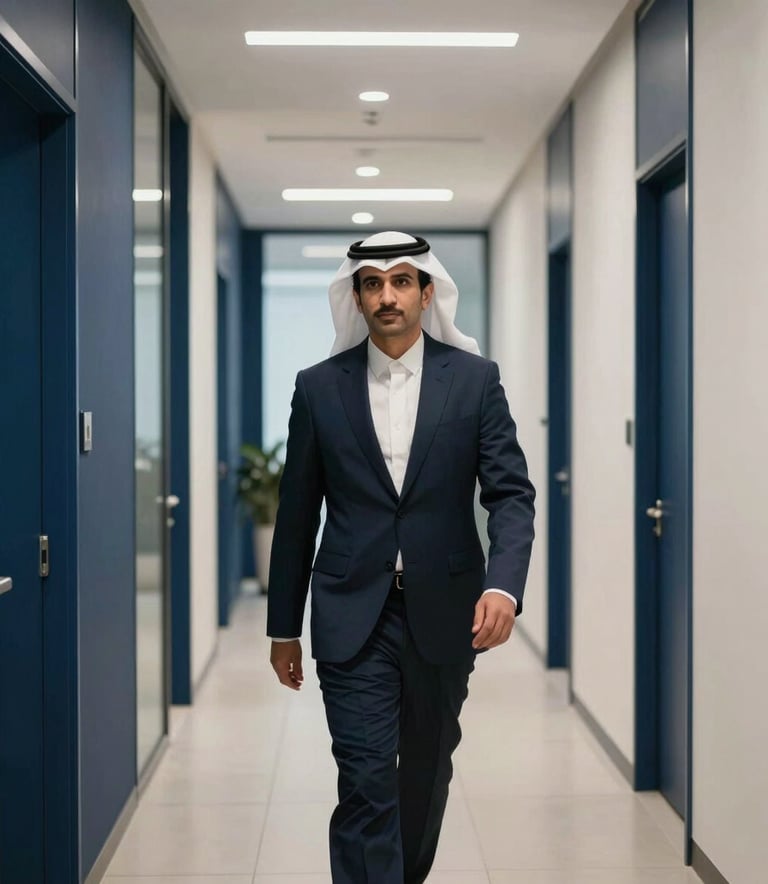 A professional Middle Eastern / Gulf business environment showing a corridor of a high-tech corporate office with clean lines, navy blue and off-white accents, reflecting institutional governance and order.