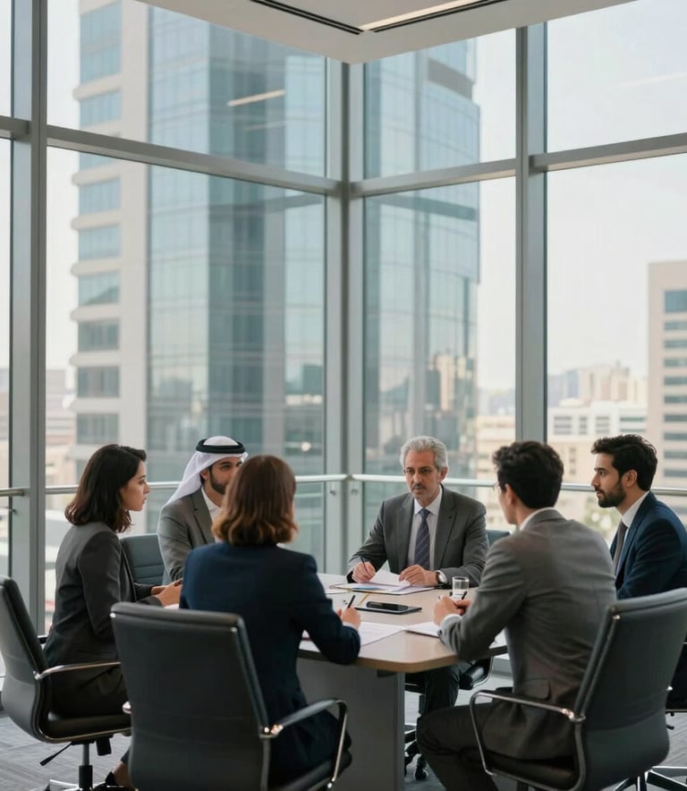 Wide shot of a modern glass-walled conference room in a high-rise building in a Middle Eastern / Gulf city. Strategic consultants in professional business attire are discussing a growth plan around a table. Soft natural light, luxury feel.