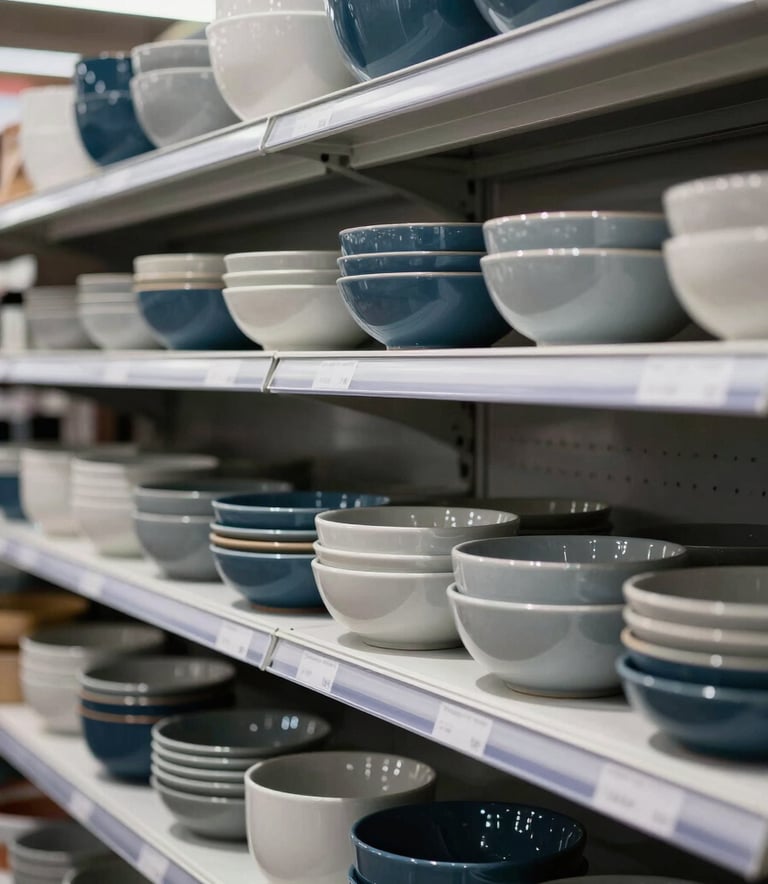 A sleek, professional photograph of high-quality household goods arranged on modern shelving in a Western European / Dutch retail environment. The image emphasizes a premium look with steel blue and light gray color palettes.