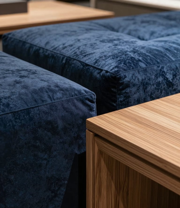 A close-up shot of high-quality wooden furniture surfaces and premium upholstery. The lighting is bright and professional, highlighting textures. The setting is a clean, modern showroom in a Western European / Dutch city. The color palette features deep navy blue and steel blue accents.