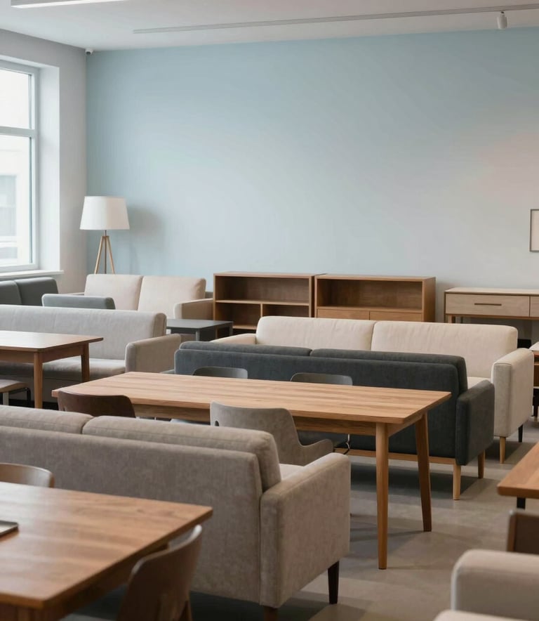 A wide-angle interior photograph of a minimalist Western European / Dutch showroom displaying a combination of brand-new and pristine secondhand furniture. The setting is bright and business-like with soft pale blue accents.
