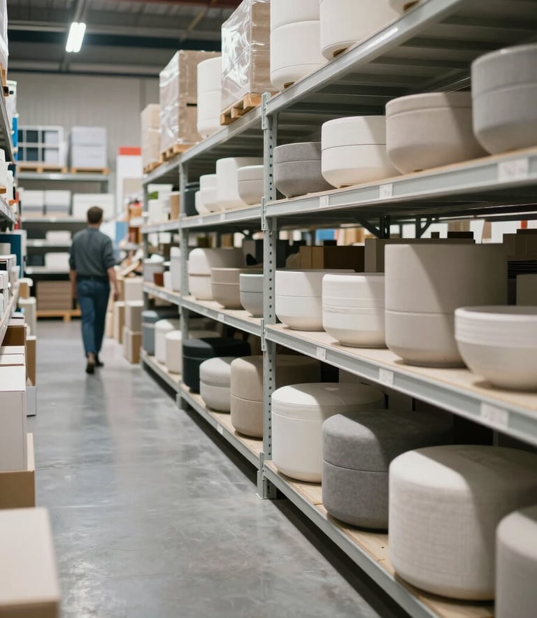 A wide shot of a modern, organized wholesale warehouse for furniture. Large shelves hold stylish household goods. A professional in business casual attire is seen in the distance, emphasizing a Western European / Dutch business environment. Soft off-white and misty blue lighting.