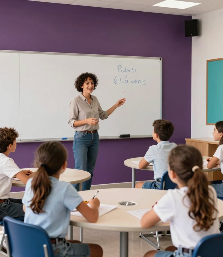 Bright classroom scene in Puerto de la Cruz, Canary Islands, Spain. A passionate teacher explaining a lesson on a white board to happy students sitting at rounded desks, bright natural light, warm and welcoming academy environment, dark purple accents and turquoise decor details, soft modern aesthetic.