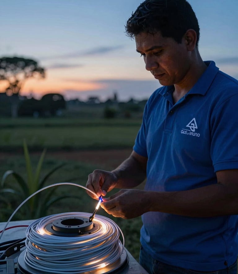 Professional photography of a technician working with glowing fiber optic cables in a South American / Brazilian rural environment during sunset, emphasizing connectivity and advanced infrastructure in remote areas, soft lighting with deep blue tones.
