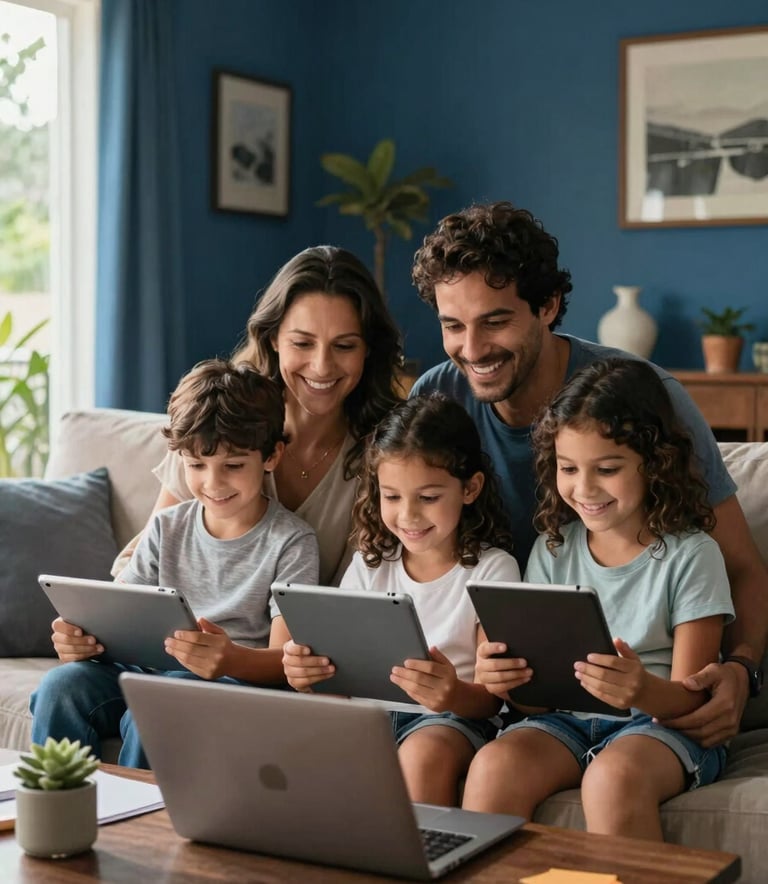 A South American / Brazilian family in Sítio Novo happily using tablets and laptops together in a living room, soft morning sunlight, deep blue accents in decor, professional photography.