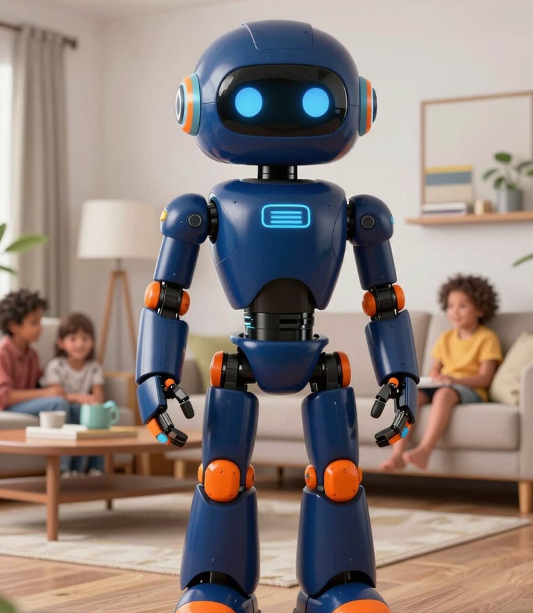 A friendly and high-tech 3D robot mascot with deep blue and vibrant orange accents, standing in a bright and modern South American / Brazilian family living room, symbolizing technology and human connection, professional studio lighting, clean background.