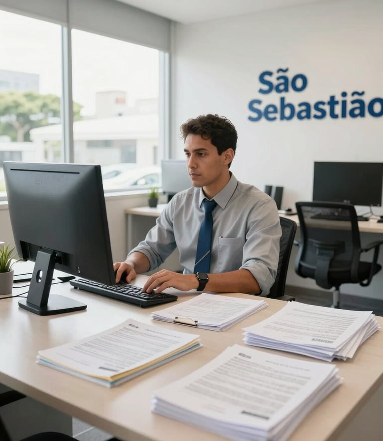 Wide shot photography of a bright, modern South American / Brazilian office interior in São Sebastião, professional desk with organized documents and a computer, clean aesthetic with daylight, portraying a trustworthy vehicle dispatcher agency.