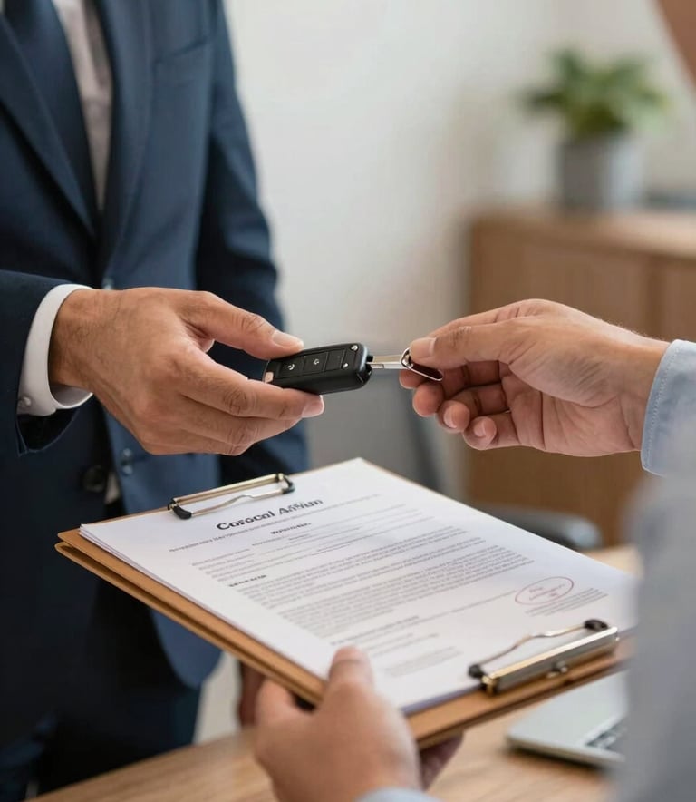 Close-up photography of professional hands in a South American / Brazilian office handing over a set of car keys and official document folders to a client, warm natural light, soft professional atmosphere with blue and white tones in the background.
