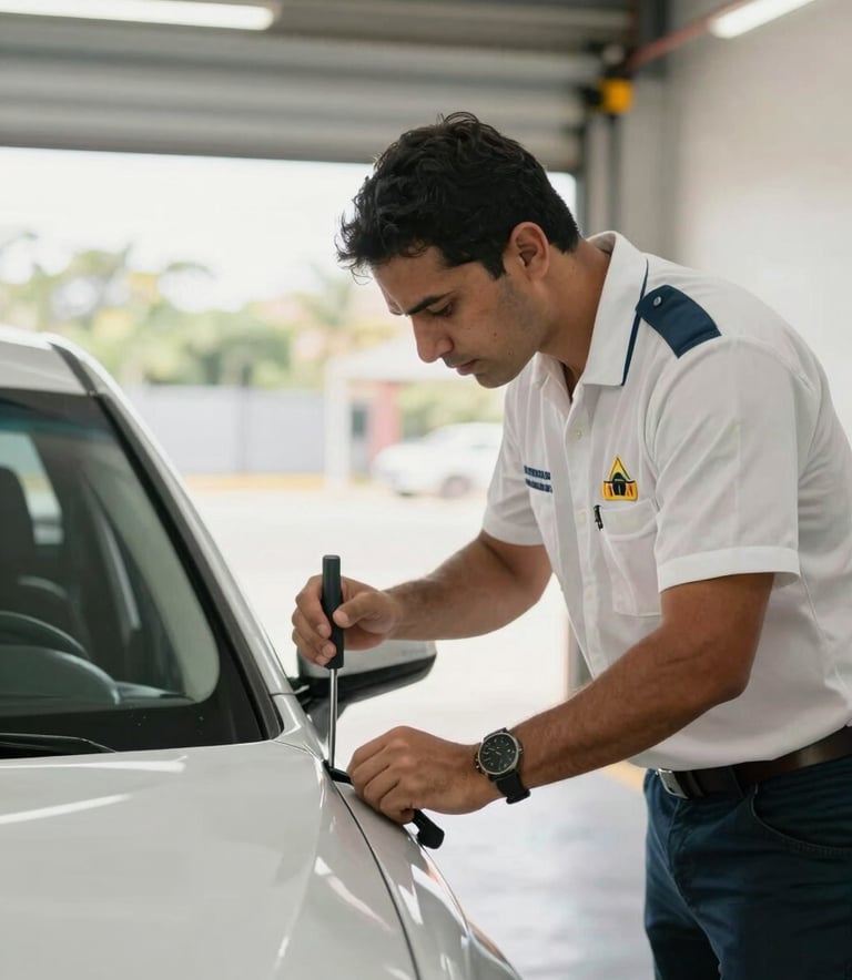 A professional inspector in South American / Brazilian attire performing a vehicle inspection on a clean car in a bright, modern garage, soft natural lighting.