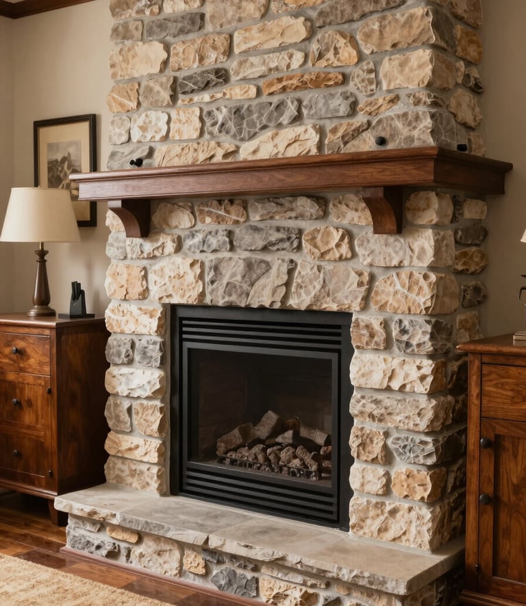 A close-up photograph of a clean, well-maintained stone fireplace in a cozy North American / US living room. The scene features deep mahogany furniture and a warm tan rug, conveying warmth, safety, and expert craftsmanship with natural lighting.