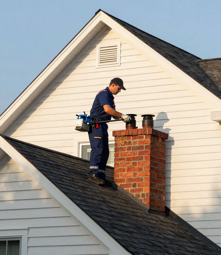A professional chimney sweep in clean uniform inspecting a brick chimney on a modern North American / US house rooftop. The lighting is warm morning sun, highlighting soft off-white siding and rich cedar accents.