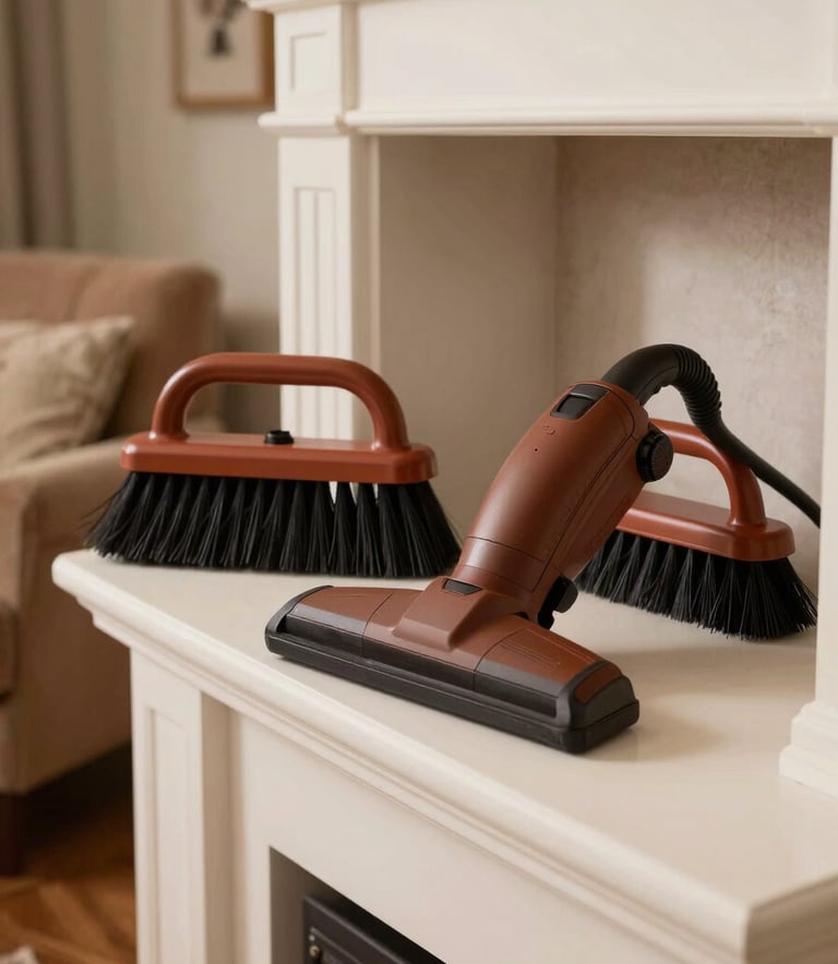 Close-up photography of professional chimney cleaning brushes and a heavy-duty vacuum in a rich brown kit, resting on a clean soft off-white hearth in a North American / US living room with warm tan accents.