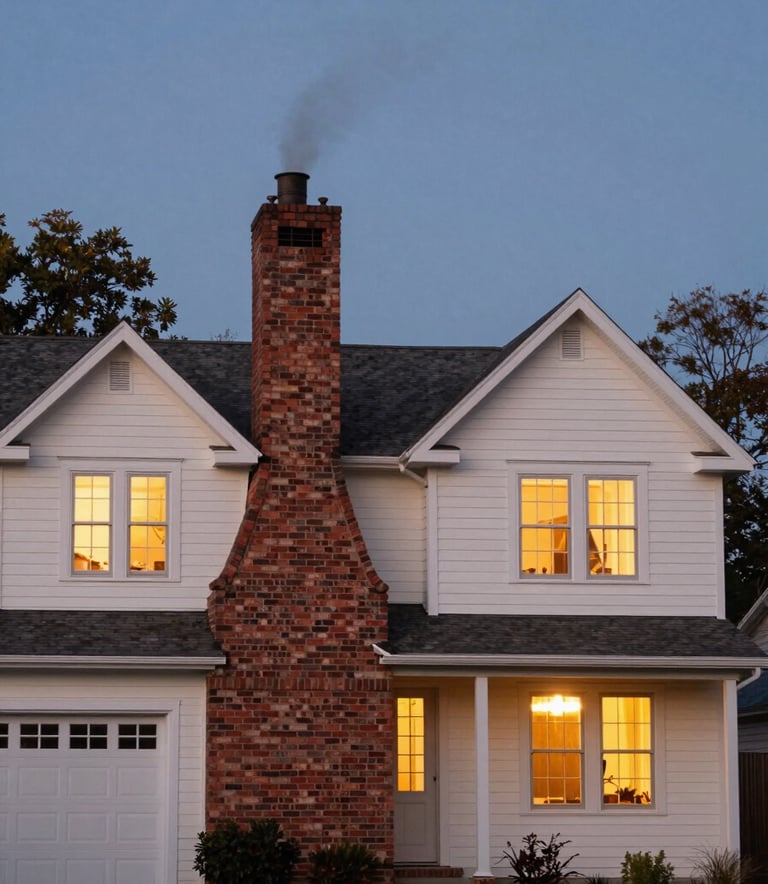 Photography of a cozy North American / US house at dusk, soft off-white exterior walls, a tall brick chimney with a gentle wisp of smoke, warm light glowing from the windows.