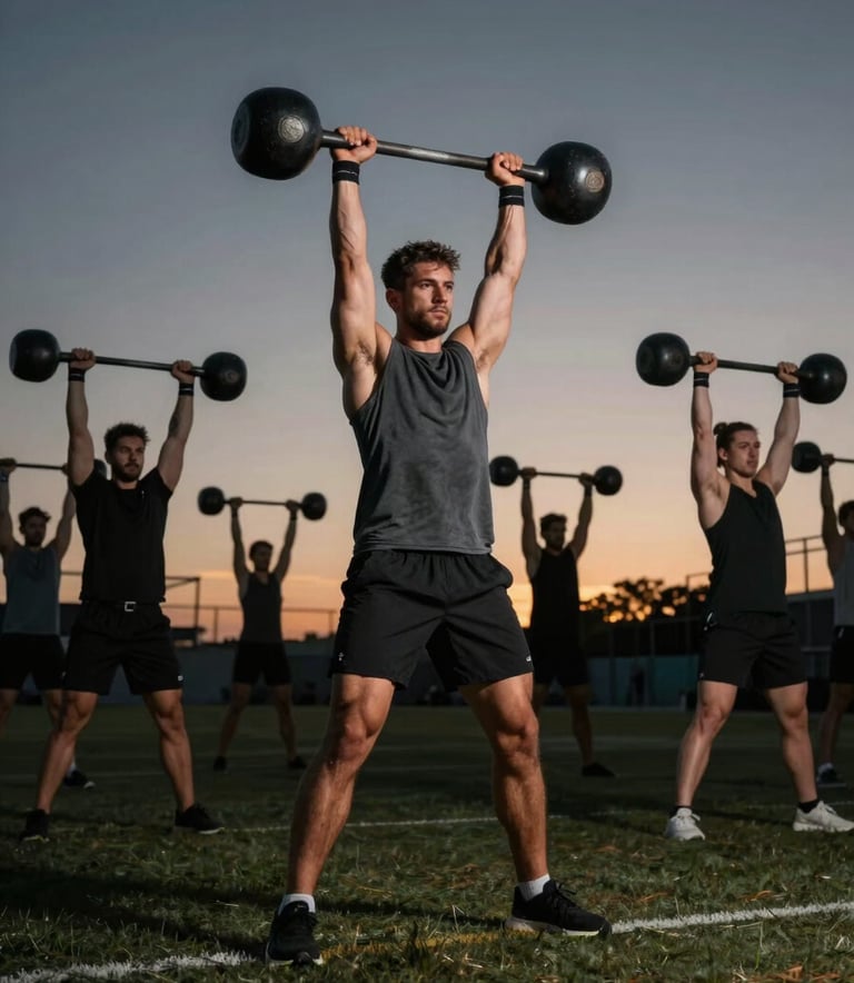 A high-action photograph of a group of athletes performing heavy kettlebell swings in a field at dusk. The atmosphere is dark and intense, with a palette of deep slate grey and silhouettes against a faint gold sunset.