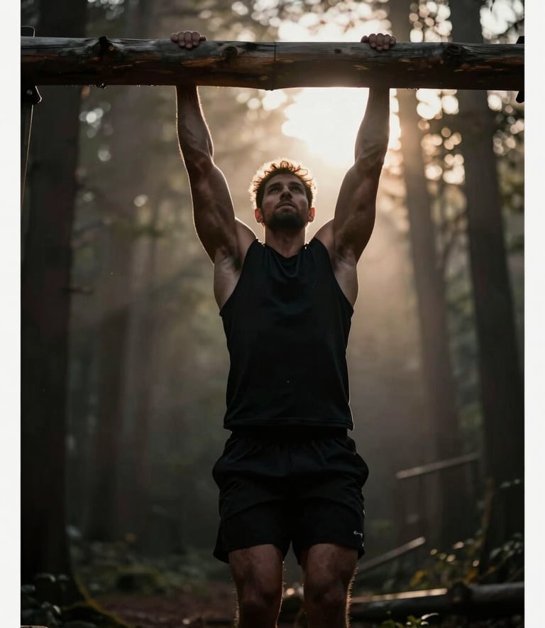 A high-performance athlete performing a pull-up on a thick, natural wooden beam in a dark woodland setting. Backlit by a low, misty sun, creating a powerful silhouette. Muted gold highlights on the athlete's shoulders against deep black shadows.