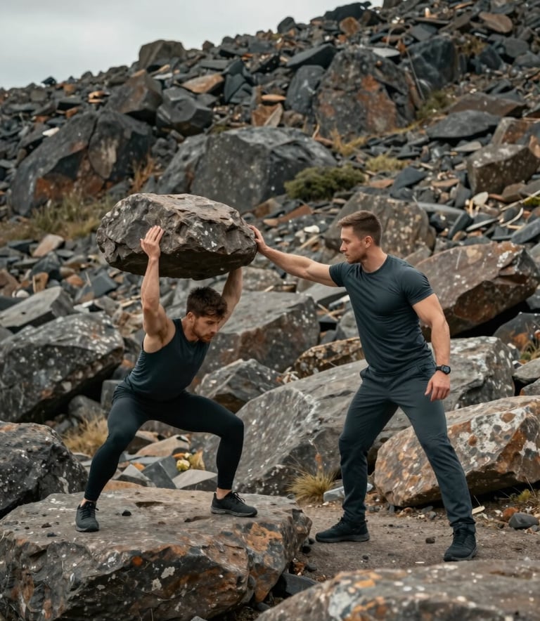 A wide-angle landscape shot of a personal trainer in dark slate grey gear supervising a client lifting heavy rocks in a rugged natural environment. The mood is raw and resilient.