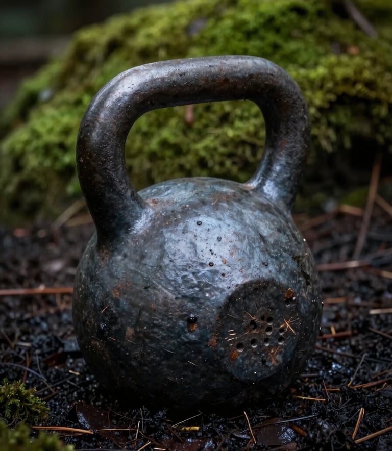 A close-up photograph of a heavy, weathered kettlebell resting on dark, damp forest soil. The lighting is moody and low-key, highlighting the metallic texture and the deep greens of the surrounding moss. Dark slate grey and deep black tones dominate the frame.