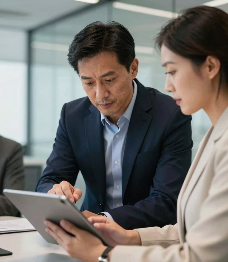 A close-up of two professionals in a high-tech North American conference room collaborating over a sleek tablet. They are dressed in modern business attire, and the room features glass walls and sophisticated lighting. The atmosphere is expert and innovative, with a color palette of dark blue and off-white.