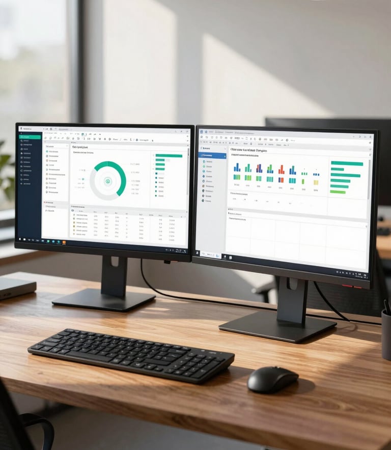 A modern professional workstation in a bright North American office featuring dual monitors displaying sophisticated data analytics dashboards, soft afternoon sunlight, and a clean mahogany desk.