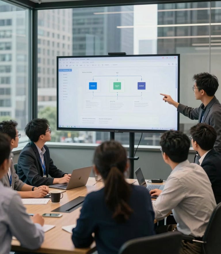A professional team of developers collaborating in a glass-walled conference room in a major North American city, looking at a wall-mounted screen displaying a clean website architecture.