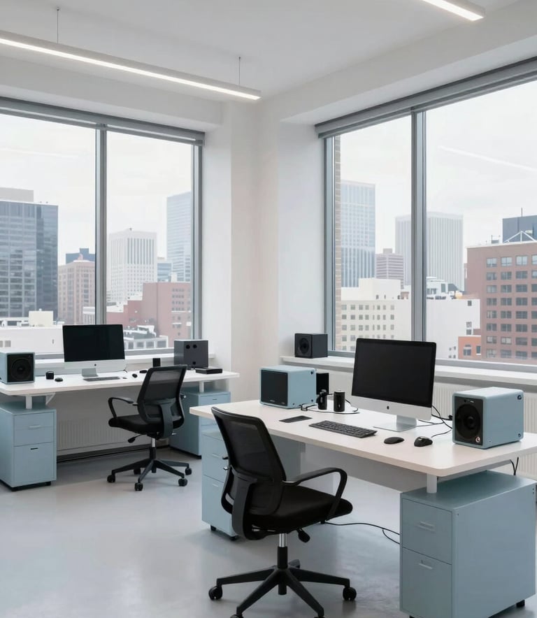 A wide-angle photography shot of a bright, minimalist North American creative studio with large windows overlooking a city skyline. The space is clean and modern, featuring high-end tech equipment and light blueish-grey accents, evoking a sense of results-driven innovation.