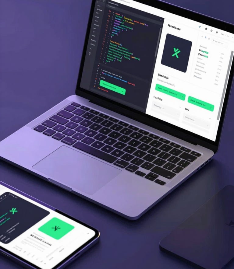 A top-down view of a sleek, modern workstation featuring a high-end laptop and a tablet. The screen displays code and app design layouts. The scene is lit with cool, professional lighting and subtle hints of #6D6DAA purple and #3A7D69 green in the digital graphics.