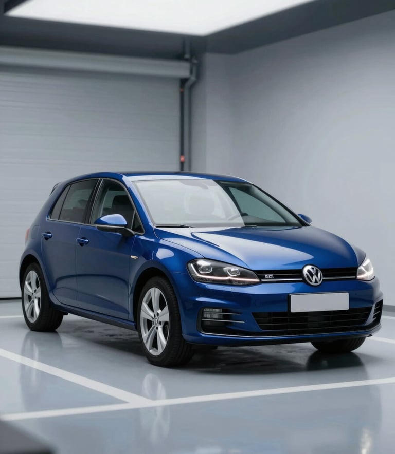 A focused, cinematic shot of a blue VW Golf V in a modern urban garage. The car is clean and shiny, reflecting a professional and reliable image. Lighting is cool and balanced, using the brand palette #3B4D61 and #F8F9FA to create a sense of trust and modern service.
