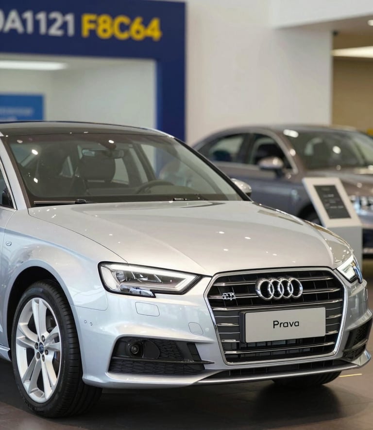 A high-quality, modern photograph of a silver Audi A3 parked in a bright, clean showroom. The composition is focused on the front of the vehicle, emphasizing its reliability and quality. The background includes subtle branding in #0A1128 and #F8C64F colors to create a professional dealership atmosphere.